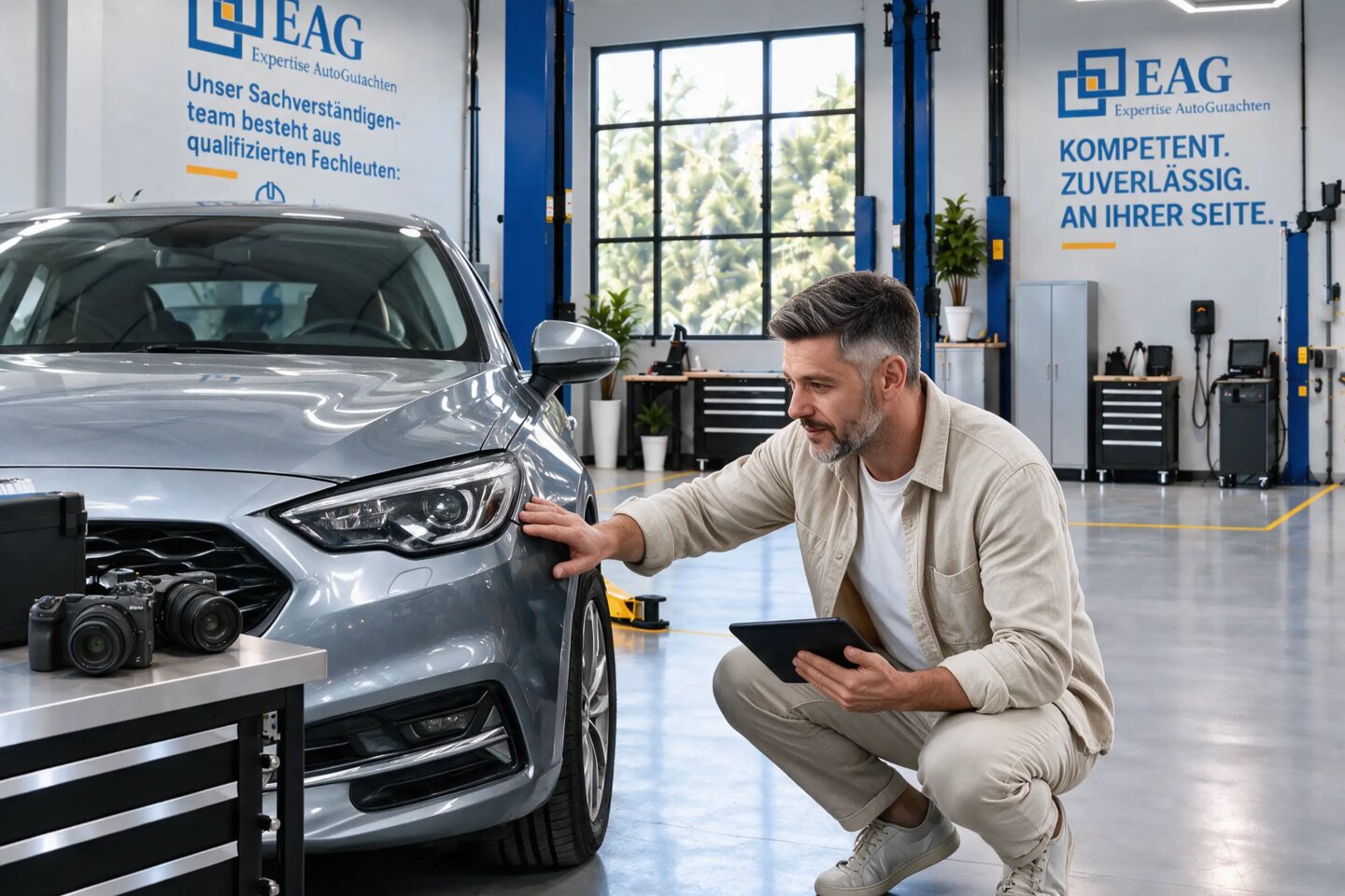 Sachverständiger prüft einen kleineren Fahrzeugschaden