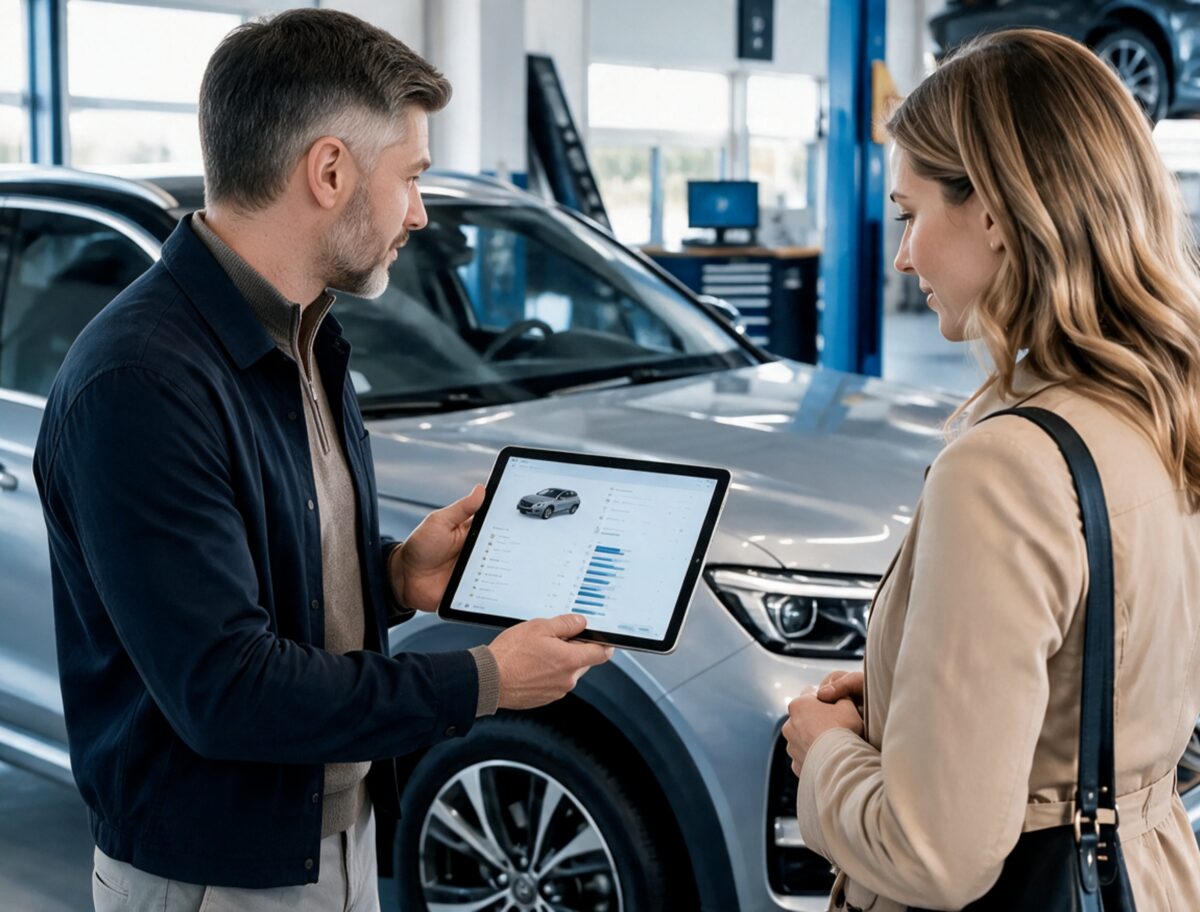 Digitale Unterlagen werden einer Kundin am Fahrzeug erläutert