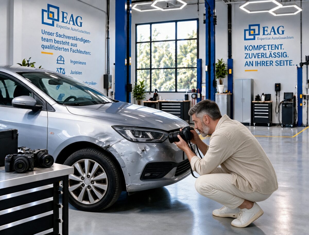 Kfz-Sachverständiger dokumentiert einen kleineren Fahrzeugschaden