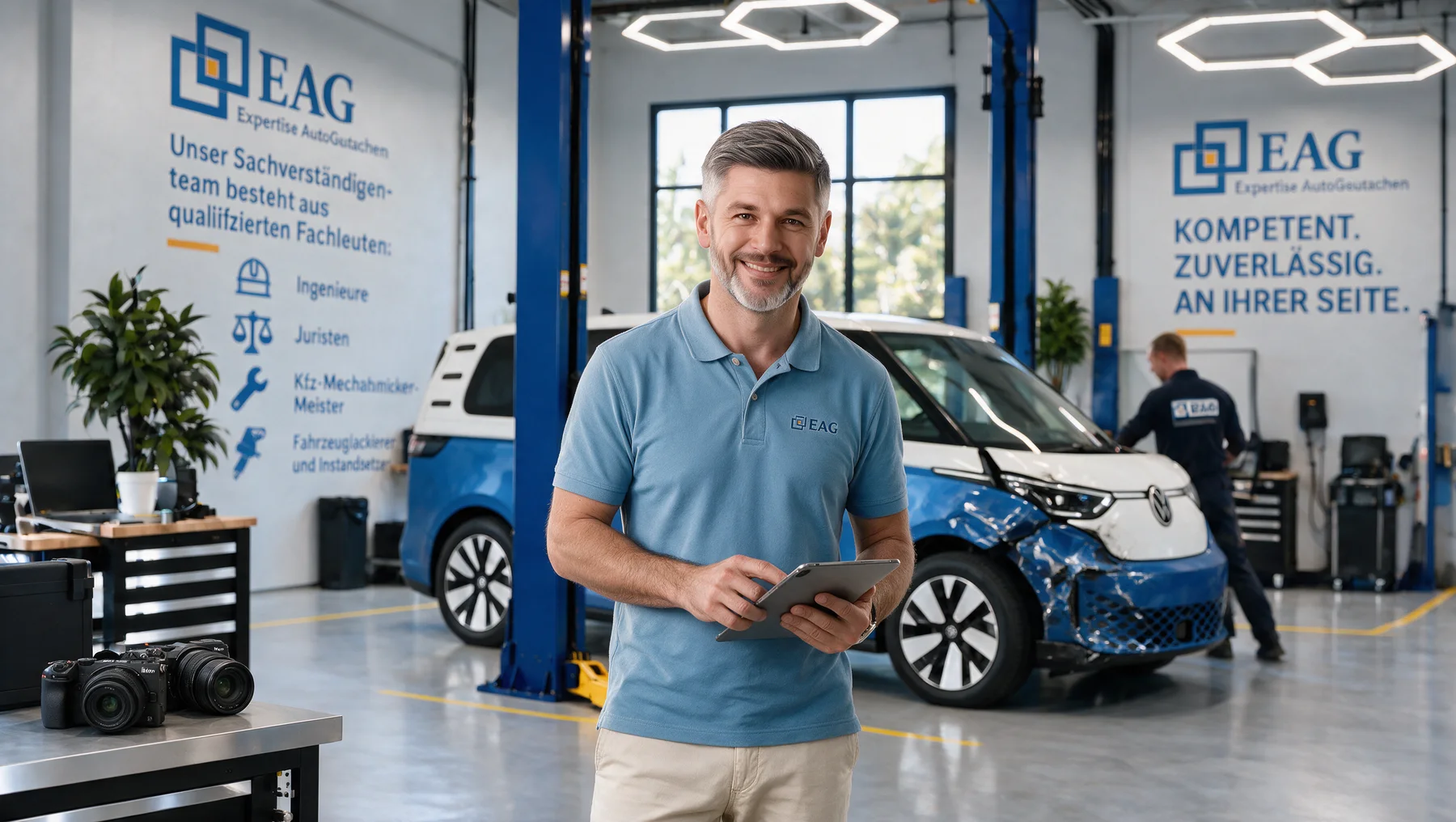 Professioneller Kfz-Sachverständiger bei der Fahrzeugbegutachtung in einer modernen Werkstatt