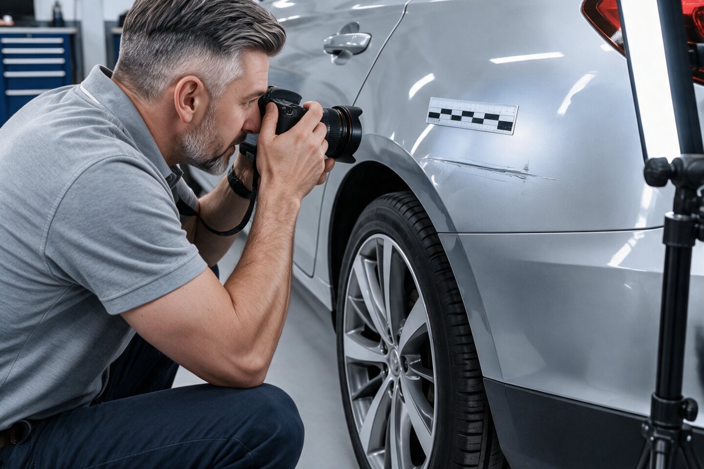 Sachverständiger dokumentiert einen Fahrzeugschaden fotografisch