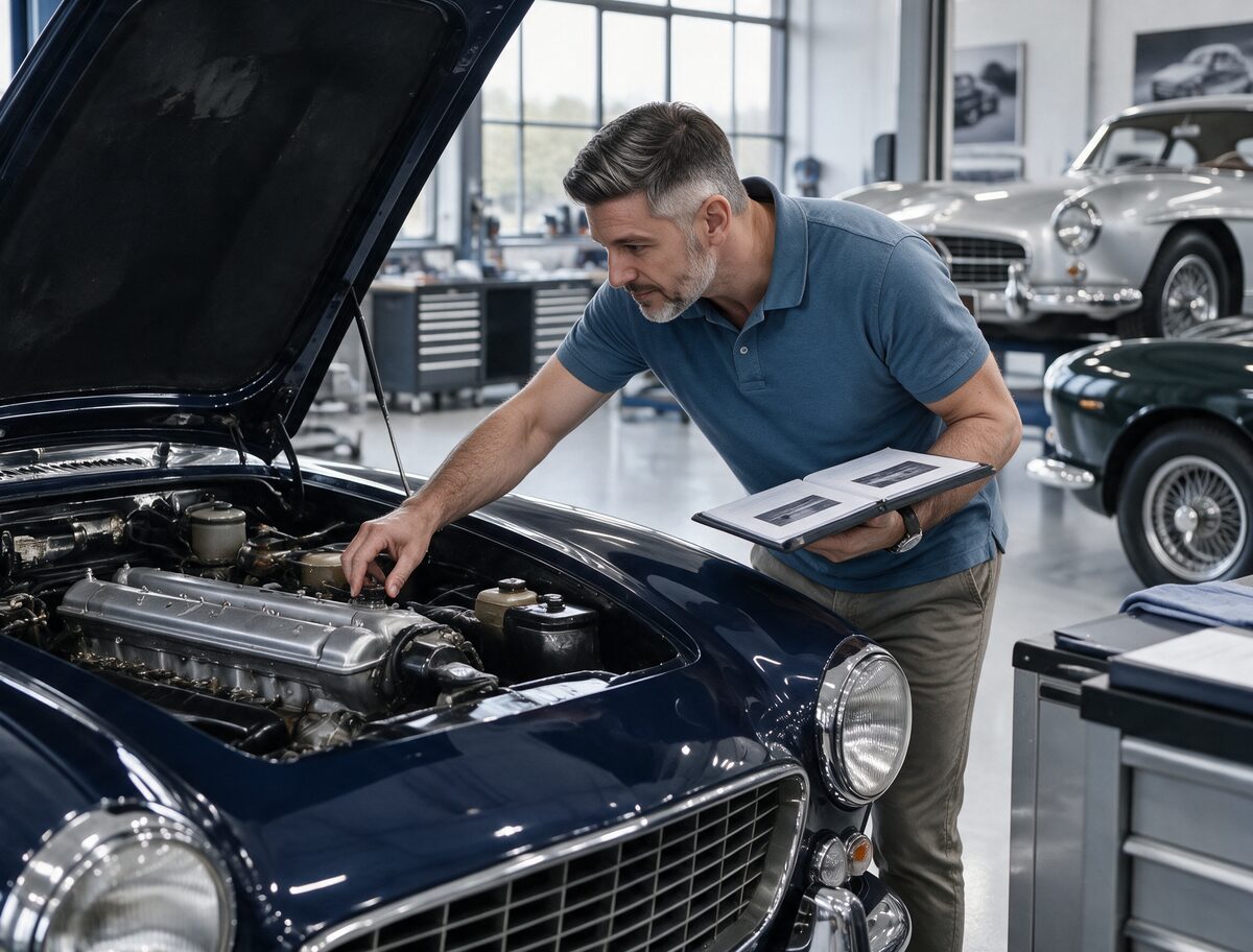 Sachverständiger prüft einen Oldtimer und seine Unterlagen