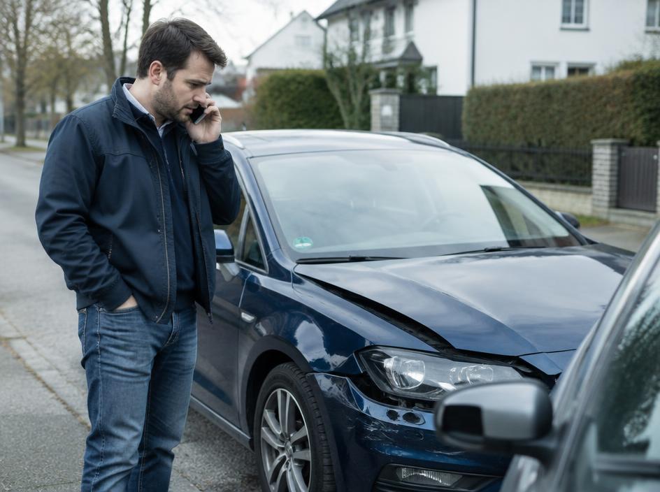 Kunde telefoniert neben seinem Fahrzeug nach einem Verkehrsunfall