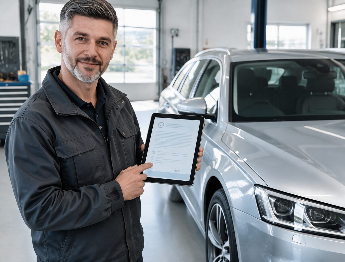 Digitale Reparaturbestätigung wird am Fahrzeug erläutert