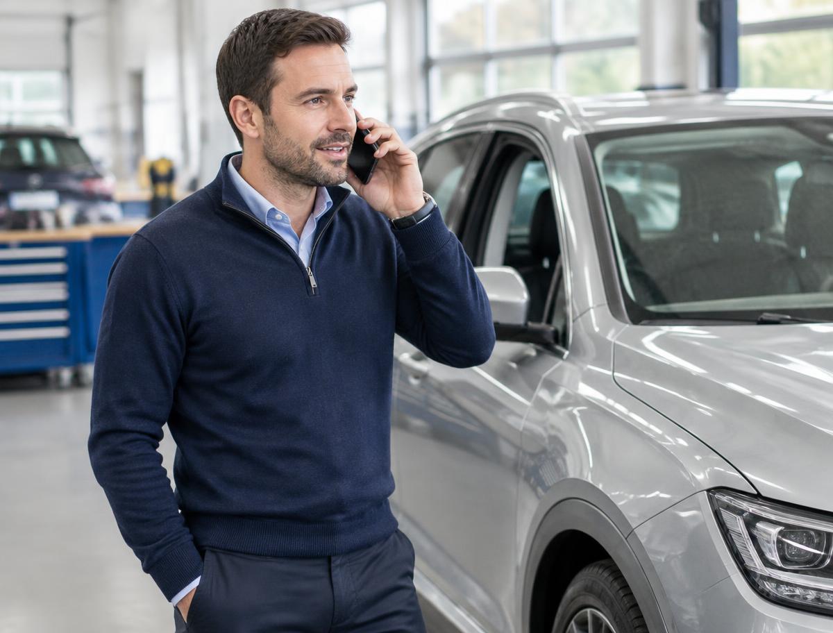 Kfz-Sachverständiger bespricht eine Reparaturbestätigung telefonisch
