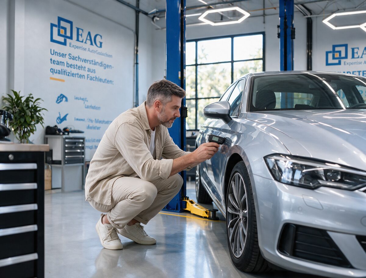 Sachverständiger untersucht den Zustand eines Fahrzeugs