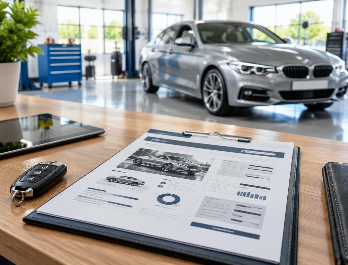 Fertige Fahrzeugbewertung mit Fahrzeugschlüssel auf einem Schreibtisch